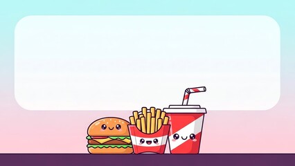 Cute Kawaii Fast Food Meal with Hamburger, French Fries, and Soda