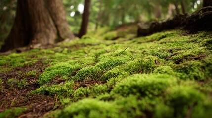 Lush green moss and ancient tree roots in the depths of a tranquil forest.