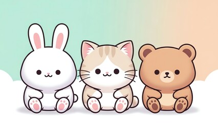Fototapeta premium Kawaii Animal Friends Rabbit, Cat, and Bear in a Soft Pastel Setting