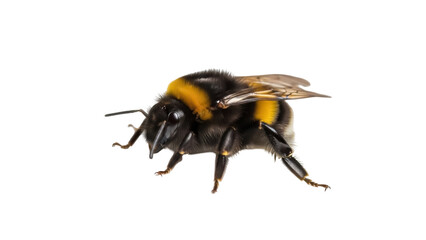 Detailed bumblebee PNG isolated on transparent background, black and yellow insect with furry body and delicate wings, nature wildlife