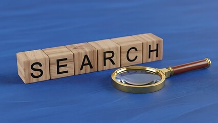 Wooden Blocks Spell SEARCH Next to Magnifying Glass on Blue Background search word