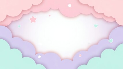 Pastel Kawaii Clouds Background with Stars and Hearts, Cute Dreamy Frame