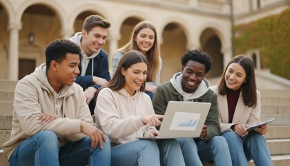Group Of Students Smiling Around Tablet Displaying Data Chart, Outdoor Lawn Setting With Collaborative Feedback, Joyful Teamwork And Peer Support While Analyzing Visual Results.