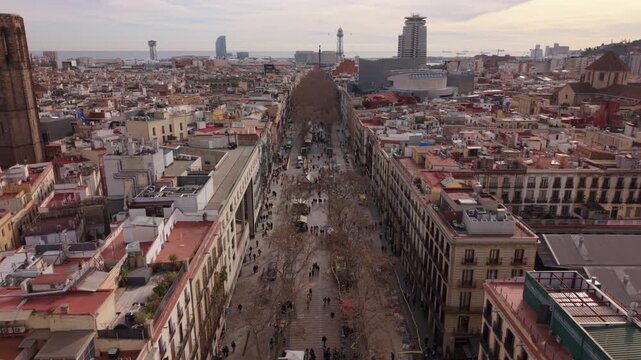 flying over La Rambla street in Barcelona Spain