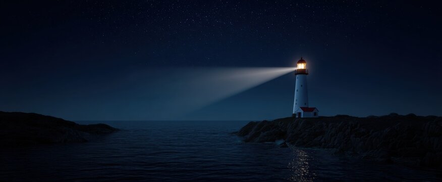 The lighthouse beam dances like a silver wand over the dark ocean at night.