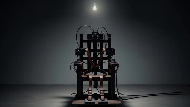 vintage electric chair prop in moody studio with exposed wires