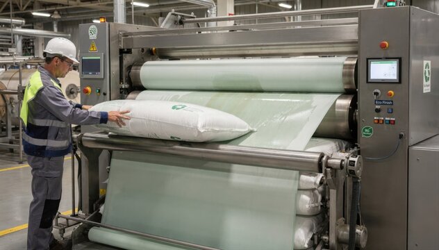Operator guiding textile bags through a padding mangle machine applying a green biosourced water repellent emphasizing efficient ecoconscious industrial finishing.