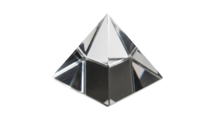 Clear crystal pyramid isolated PNG on transparent background, geometric shape for decoration and spiritual practices, refractive light