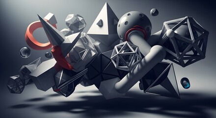 A dynamic abstract arrangement of complex three dimensional geometric shapes floating against a muted gradient background creating depth