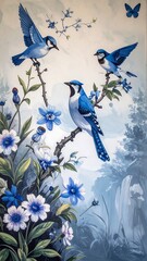 Azure-toned painting of Blue Jays perched amid flora. Soft palette, natural beauty, airy ambiance