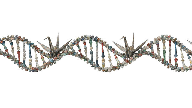 D N A double helix structure with origami cranes made from colorful patterned paper isolated on a transparent background