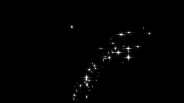 4K twinkle sparkle stars animation on black screen background, white glitter sparkles trail, glowing pixie dust burst, magic doodle fairy stars, confetti fountain, chroma key looping effect