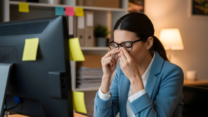 Professional Woman Experiences Digital Eye Strain and Fatigue While Working at Computer in Modern Office Highlighting Workplace Burnout and Health Challenges