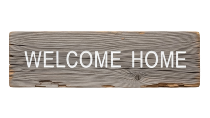 Rustic wooden welcome home sign isolated PNG, weathered wood plank with carved text for farmhouse decor and greeting