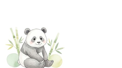 Obraz premium Cute Watercolor Panda Sitting with Bamboo Stalks on White Background