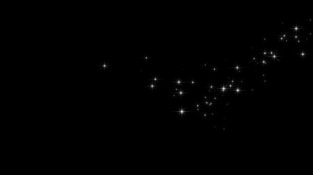 4K twinkle sparkle stars animation on black screen, white glitter sparkles trail, glowing pixie dust burst, magic doodle stars, fairy glitter confetti fountain, chroma key starry loop