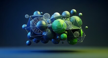 Abstract digital composition featuring a complex cluster of interconnected blue and green geometric polyhedra and spheres against a dark gradient background.