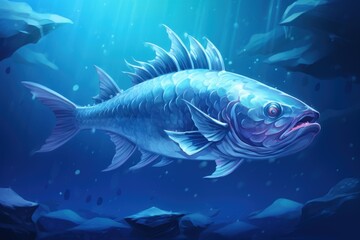 Fototapeta premium Blue fish swimming in the deep blue ocean with shimmering sunlight from above