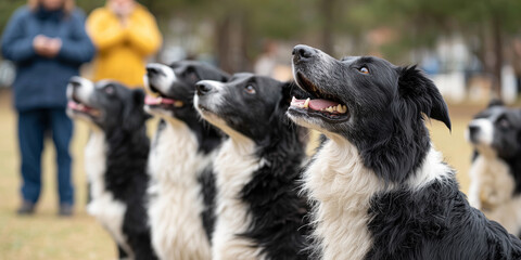 Group of attentive black and white Border Collies sitting in a line during outdoor dog training.