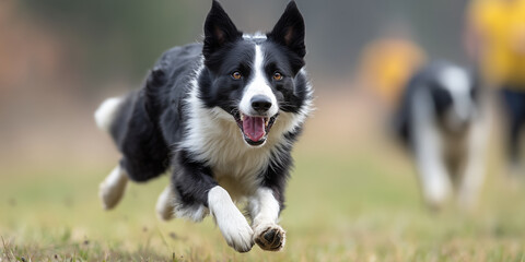 Black and white Border Collie running toward the camera in an outdoor field, showcasing energy and agility.