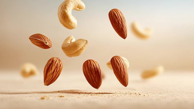 Floating cashews and almonds against a soft background: concept of freshness and lightness