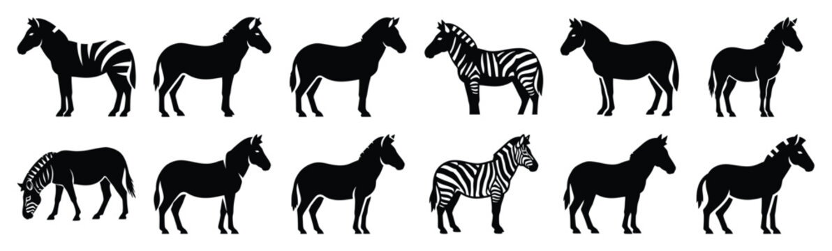 zebra silhouette vector icon set, black clipart collection, Animal silhouette icons illustration graphic design