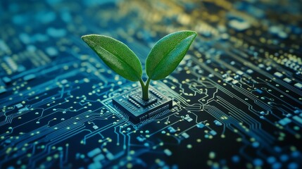 Digital evolution comes to life as a seedling sprouts from a circuit board showing the growth of technology and nature connected in a new way