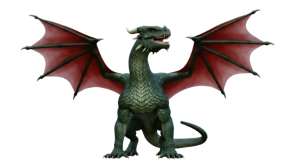 Green dragon with red wings isolated PNG on transparent background, mythical creature for fantasy and gaming designs