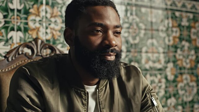 Man in Jacket with Hands Near Face