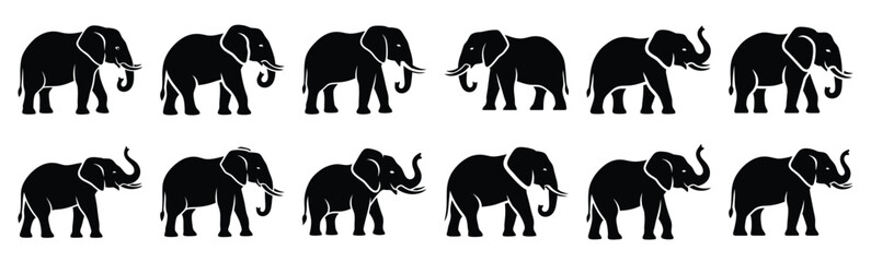 Fototapeta premium elephant silhouette vector icon set, black clipart collection, Animal silhouette icons illustration graphic design