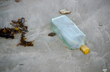 Discarded glass bottle lying on wet sand surface symbolizing urban litter pollution and careless waste disposal.