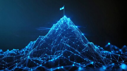 Digital mountain peak with glowing lines and flag showing goal of technological innovation in global network security for big data