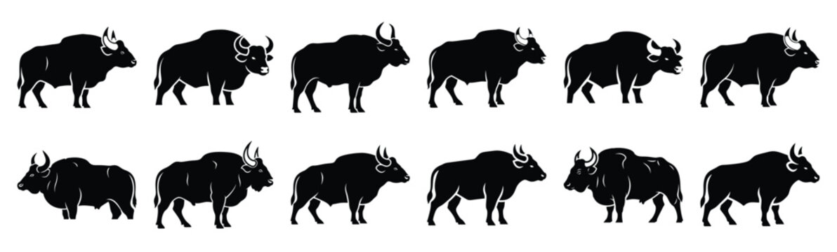 gaur silhouette vector icon set, black clipart collection, Animal silhouette icons illustration graphic design