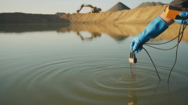 Gold mining water testing with protective gloves and industrial equipment creating ripples on calm mining pond surface for environmental safety check