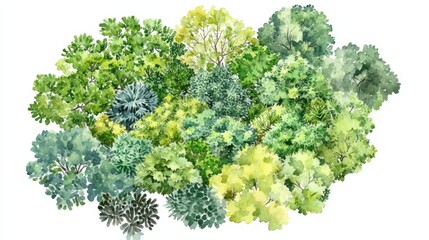 Colorful watercolor painting shows various plants and trees for landscape planning with clear layout suitable for different projects
