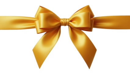Golden yellow ribbon bow isolated PNG on transparent background, festive decoration for gift wrapping and holiday designs