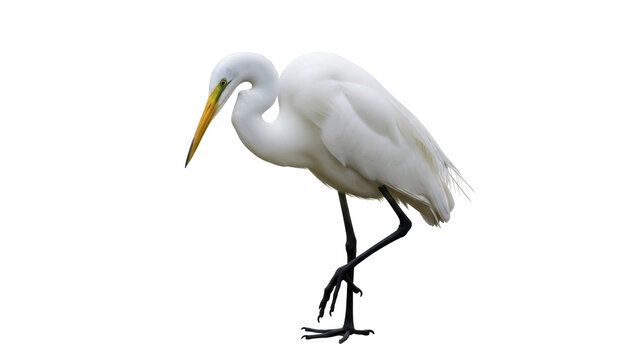 Elegant great egret PNG isolated on transparent background, graceful white heron with yellow beak standing tall for design projects