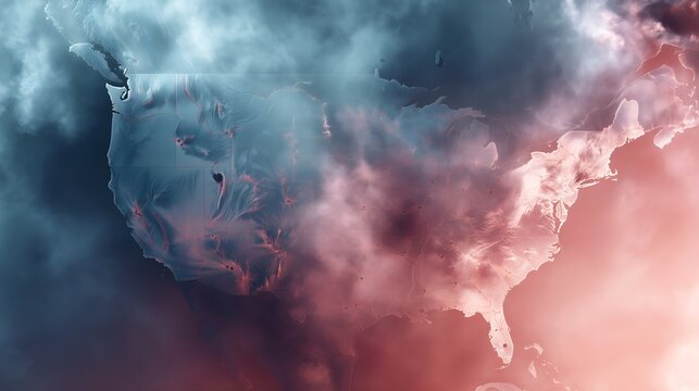 Abstract illustration of the United States map showing climate change, extreme weather patterns, environmental crisis and atmospheric conditions