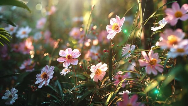 Natural garden corner with soft pastel flowers glowing in sunlight, calm atmosphere