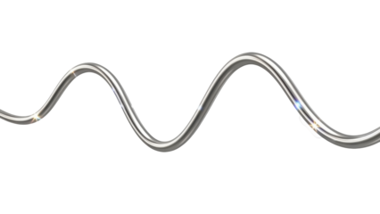 Shiny metallic silver wavy tube isolated PNG, flexible metal pipe on transparent background for industrial design and decoration