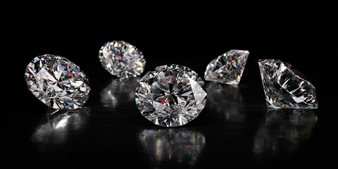 Brilliant cut gemstones scattered on a reflective black surface, showcasing sparkle and clarity