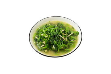 Fototapeta premium Stir-fried fresh green vegetables in a ceramic bowl isolated on a white background, top view