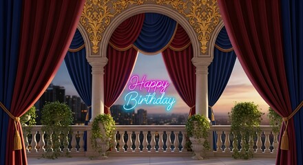 Elegant balcony view featuring luxurious draped curtains and a vibrant neon happy birthday sign overlooking a city skyline