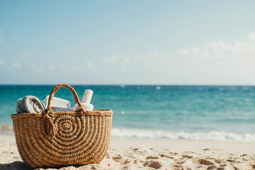 Summer Vacation - Accessories In Bag In Tropical Beach With Defocused Ocean. Travel background. 3d rendering.