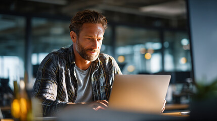 professional retail team member working in modern office, retail team reviewing product data on laptop, modern collaborative office workspace with retail staff