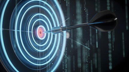 Dart hits target for success concept, metaphor for focus and achievement with glowing circle rings and data streams conveying precision and strategy