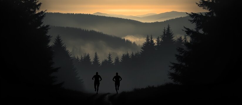 Two male runners on a misty forest trail at sunrise, silhouetted against a golden sky with mountains.