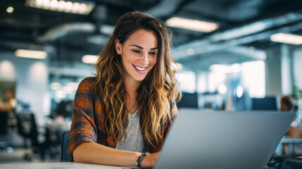 professional retail team member working in modern office, retail team reviewing product data on laptop, modern collaborative office workspace with retail staff