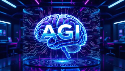 A futuristic blue glowing brain hologram with the letters "AGI" inside, enclosed within a cylindrical digital circuit board structure in a dark, high-tech server room.