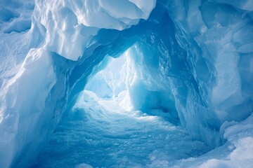 Magical interior view of a bright blue ice cave inside a glacier with sunlight glowing through frozen walls in arctic nature landscape